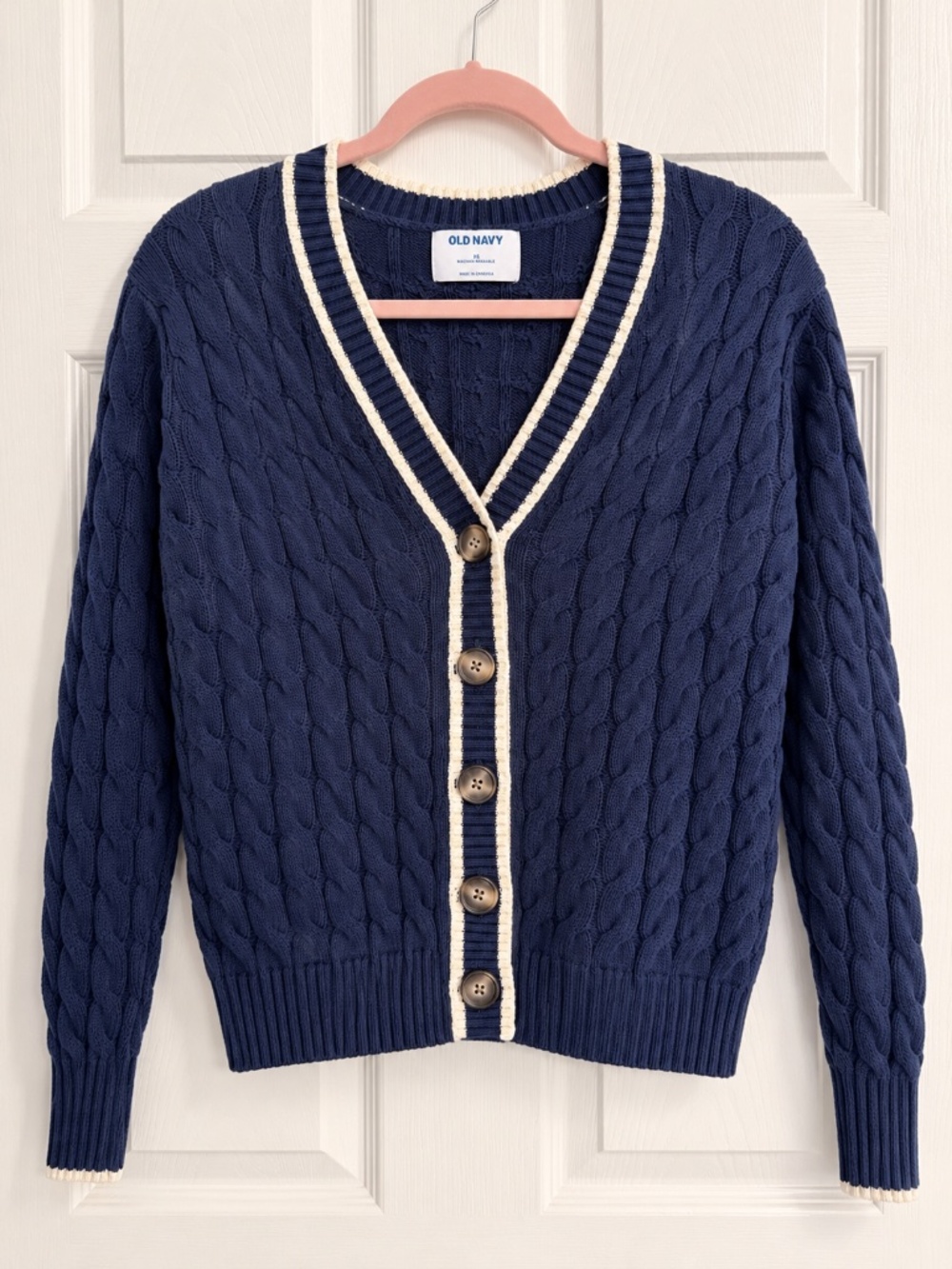 Old Navy Navy Blue Cable Knit Cardigan XS White Trim Button Front Preppy Sweater